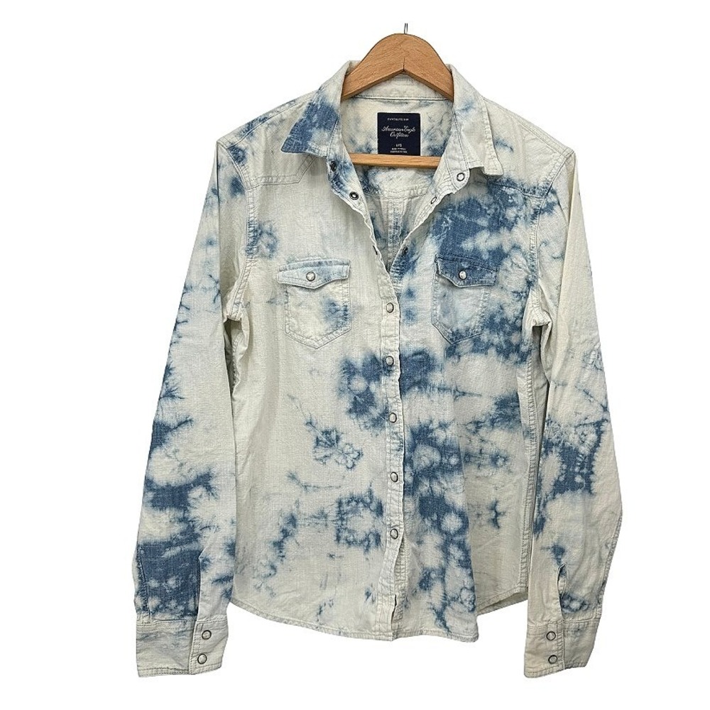 American Eagle Western Shirt Tie Dye Pearl Snap Front Edgy Streetwear Boho Large